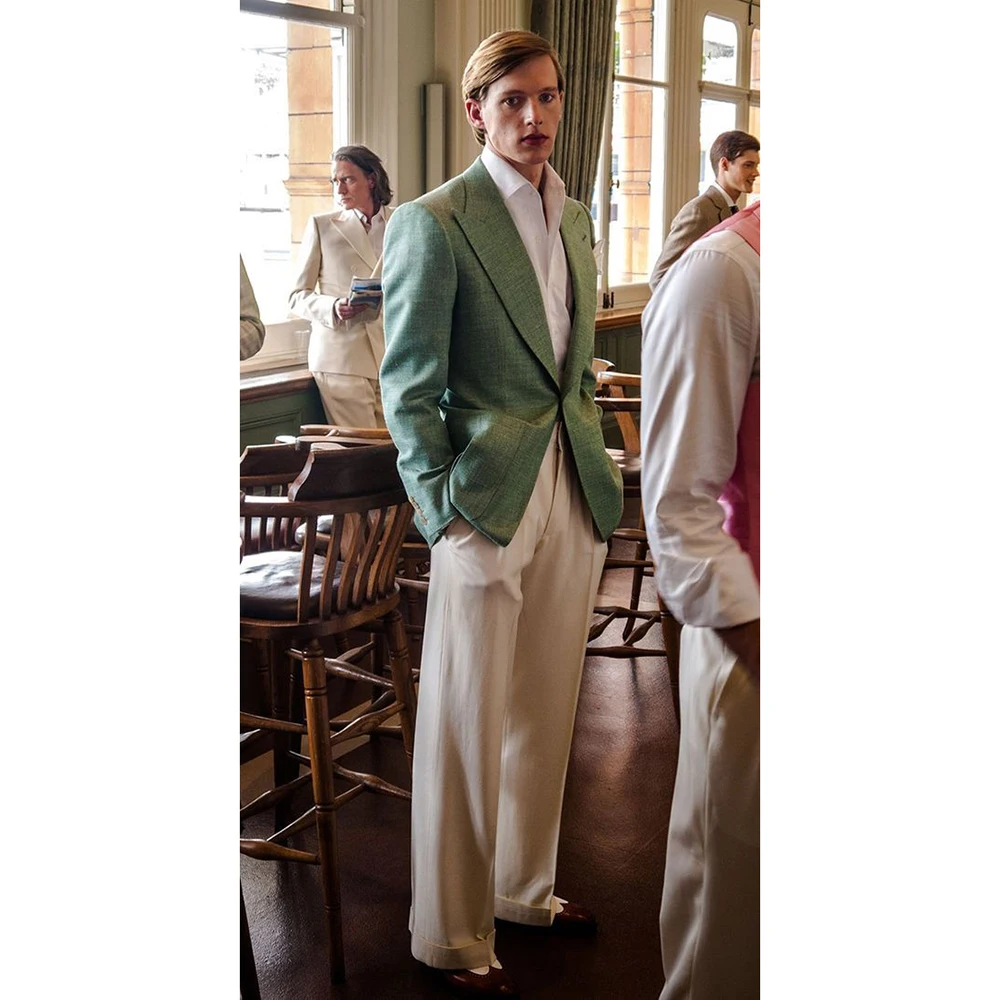 

High Quality Men's Suit two Pieces Set Peak Lapel Male Blazer White Pant Sets Old Money Casual Slim Office Daily Male Clothing