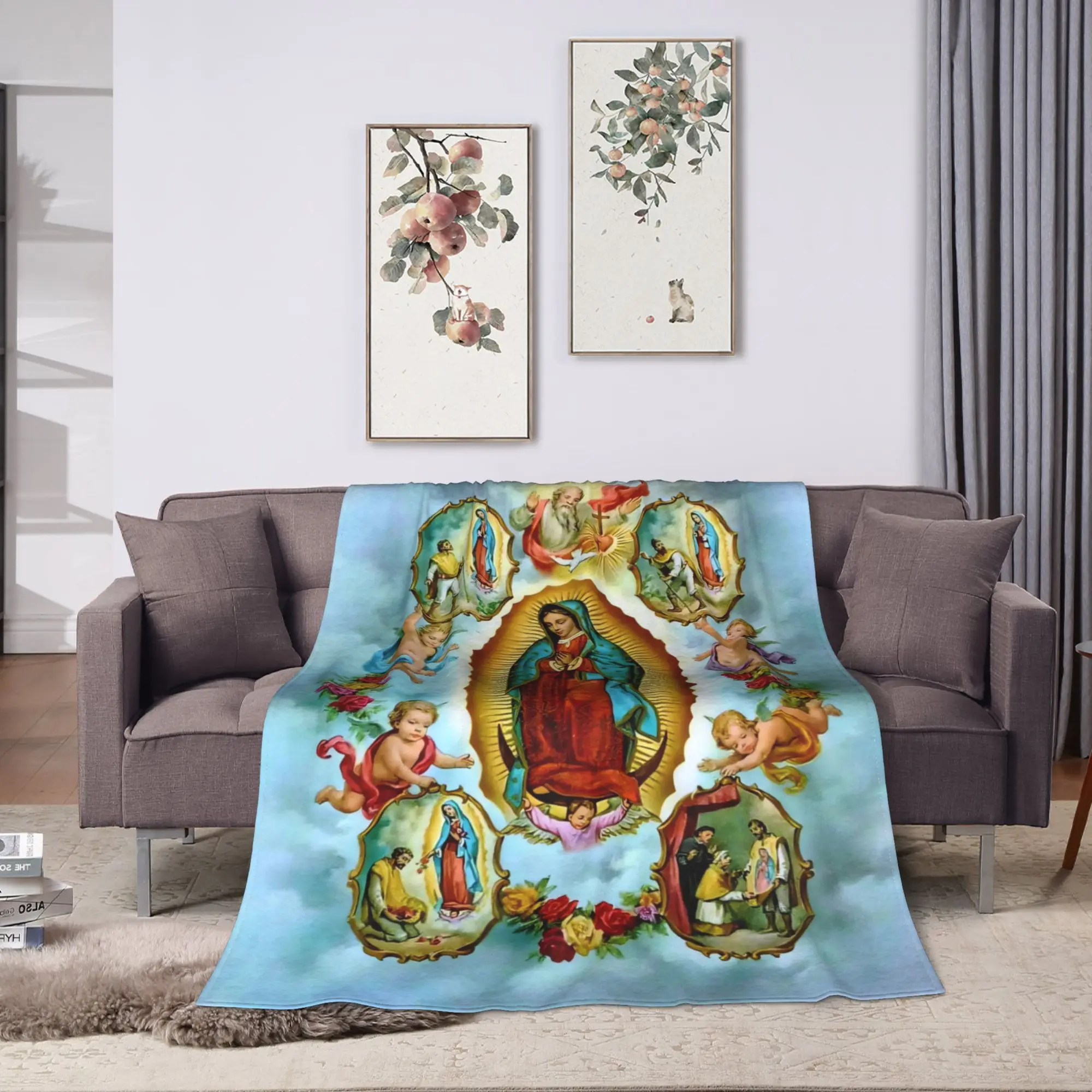 Virgin Mary Cherubs Rose Warm Soft Blankets  Picnic Plush Throw Blanket Print Bedroom Flannel Bedspread Sofa Bed Cover
