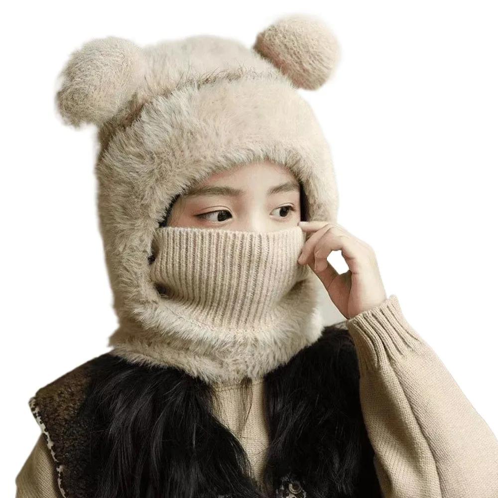

Coldproof Scarf Mask Integrated Hat Warm Lining Cartoon Children Windproof Hooded Hat Soft Fur Balls Decor Windproof Hood