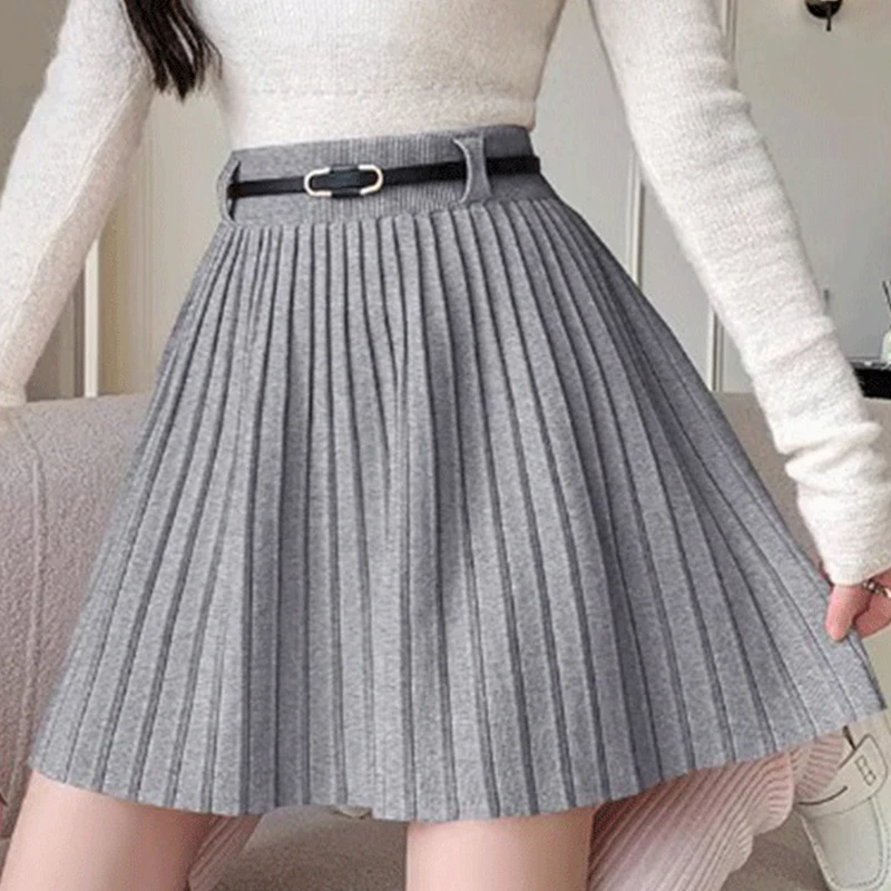 Korean High Waisted Mini Skirts Woman Summer Solid A-Line Knitting Skirts Women Pleated Mini Harajuku Ladies Short Dress