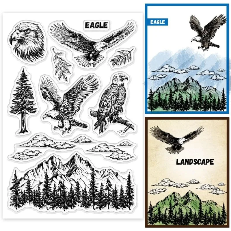 1 Blatt Adlerlandschaft Klare Stempel Berggipfel Waldlandschaft Silikon Klare Stempel Siegel Blätter Wolken Transparente Stempel