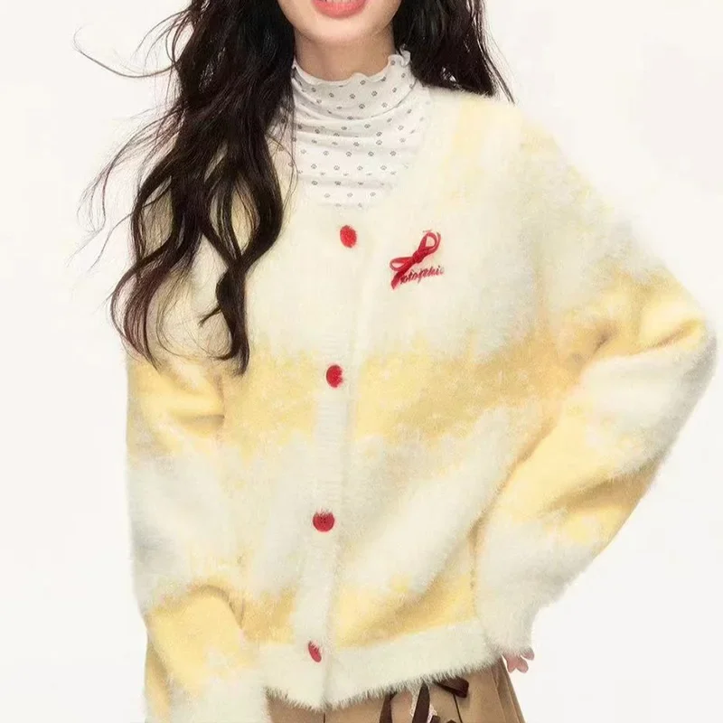 Women's Clothing Fashion Gradient Soft Thick Wool Knitted Cardigan Autumn Winter Casual Loose O-neck Commute Yellow Sweaters