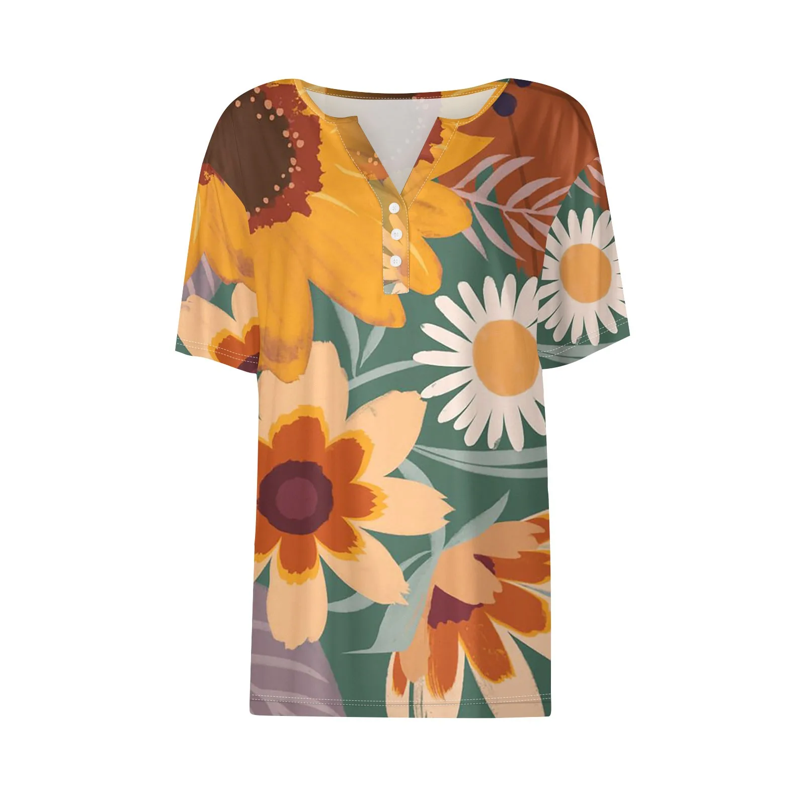 Fashion Women\'s Summer T-Shirts Sunflower Printed Loose Casual Short Sleeve TShirts Button V-Neck Basic Tops Ropa Para Mujer