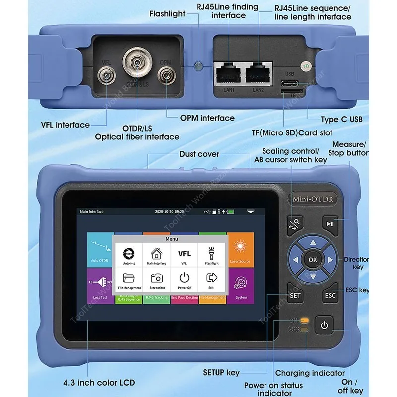 Maxgeek AUA800U UPC / AUA800A Porta APC Multifunzionale Mini OTDR Riflettometro ottico nel dominio del tempo 100KM Touch screen da 4,3 pollici