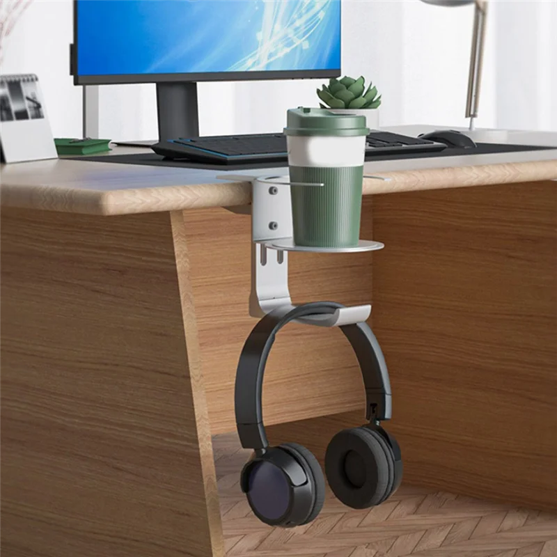 حامل أكواب بمشبك عملي للمكتب، حامل أكواب مضاد للانسكاب لطاولة المكتب، خطاف سماعة أذن مزدوج مع حامل مشروبات، فضي #5