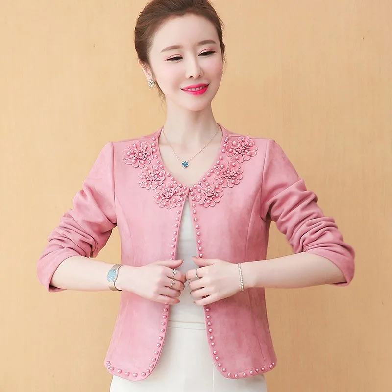 سترة قصيرة بلون نقي للنساء ، بدلات للربيع والخريف ، معطف بياقة مستديرة ، سترة صوفية بالخرز للأظافر ، سترة نسائية ، ملابس خروج أنيقة ، جديدة ،