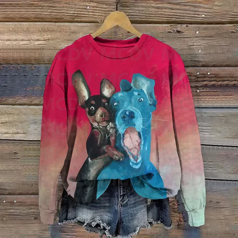 Funny Cute Puppy Oil Painting Print Crew Neck Sweatshirt 3D Printed Women Casual Pullover