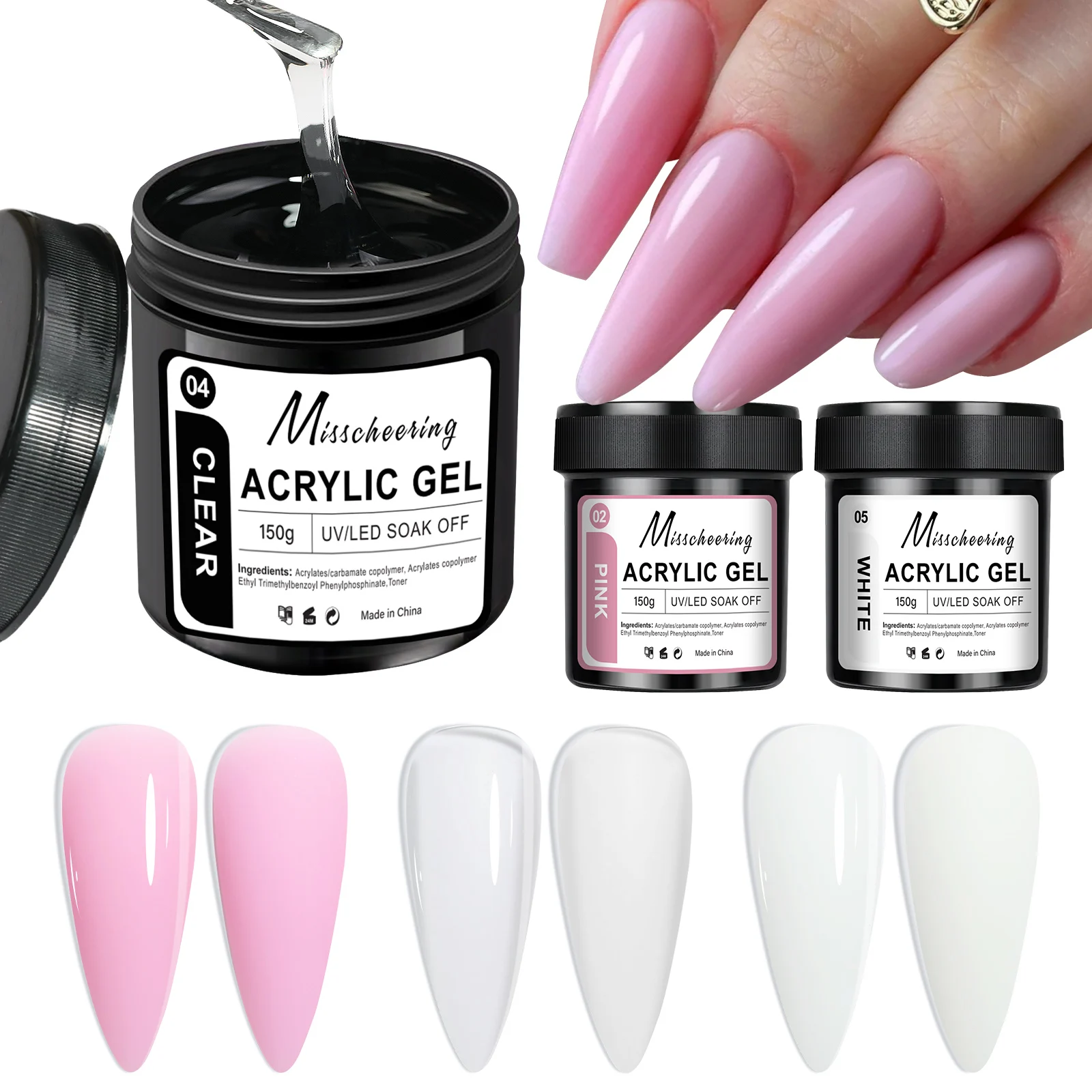 3pcs 150g Large Capacity French Acrylic Gel Pink/Clear/White Removable UV/LED Light Curing Suitable  DIY Nail Salon Extensions