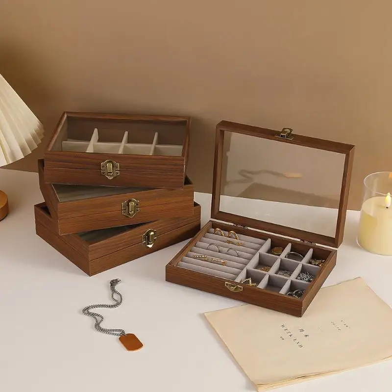 Heritage Wooden Jewelry Storage Box with Velvet and Glass Lid for Vintage Dust-proof Use