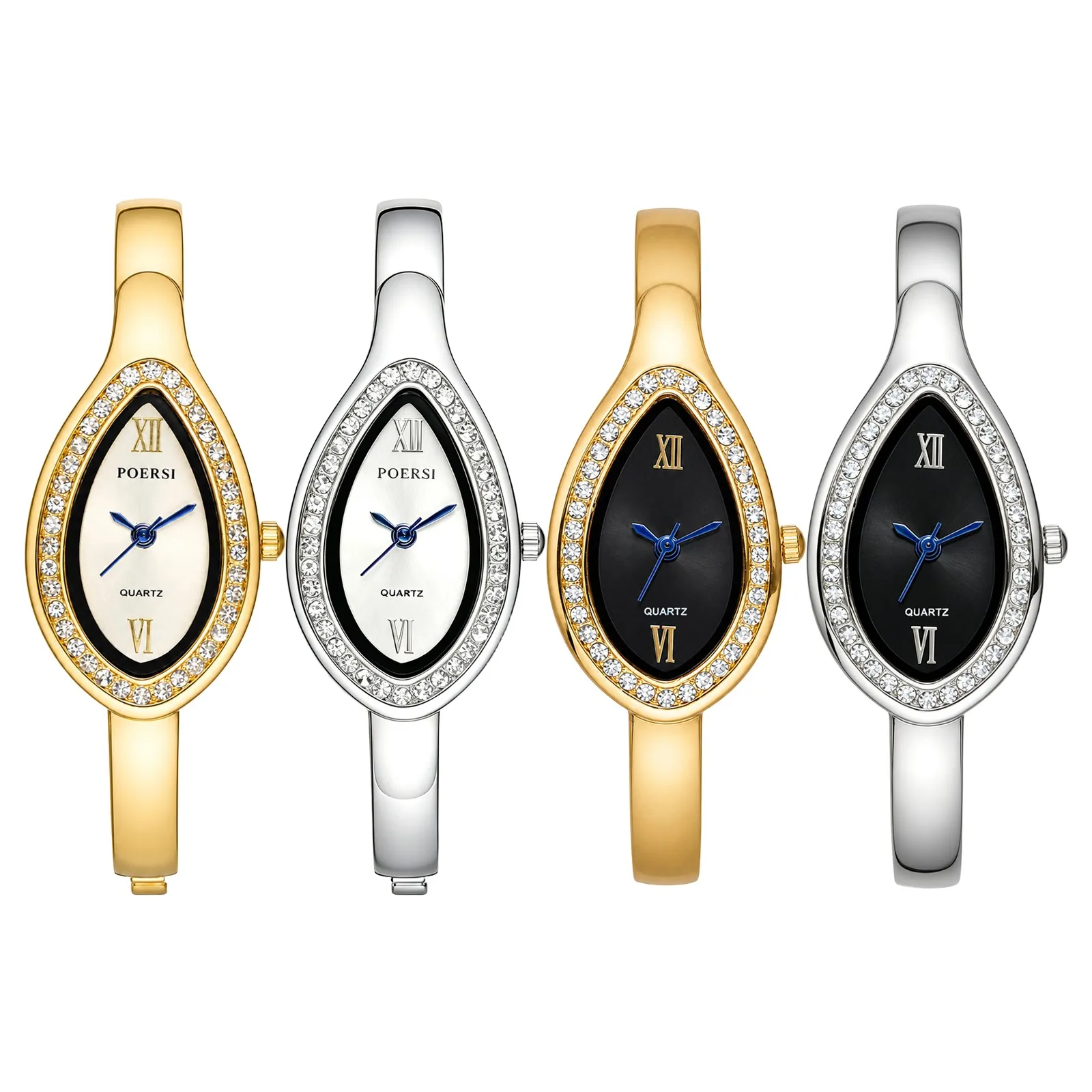 Women Marquise Case Rhinestone Bezel Bangle Bracelet Quartz Wrist Watch Luminous Ladies Elegant Fashion Party Daily Gift