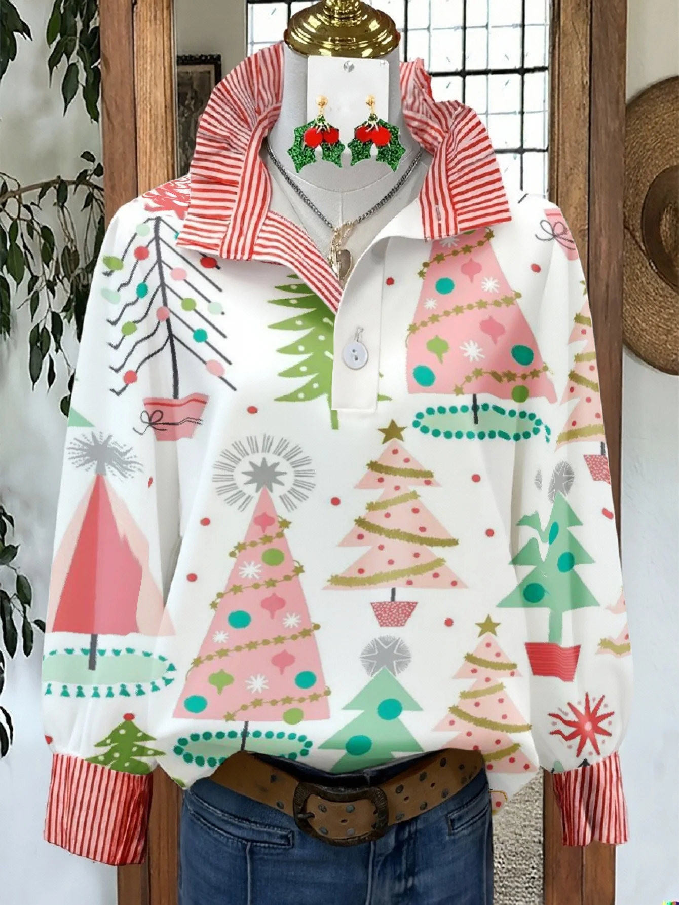 A spring and autumn winter women's standing collar shirt with long sleeves, creatively printed,  Pink green candy painting top