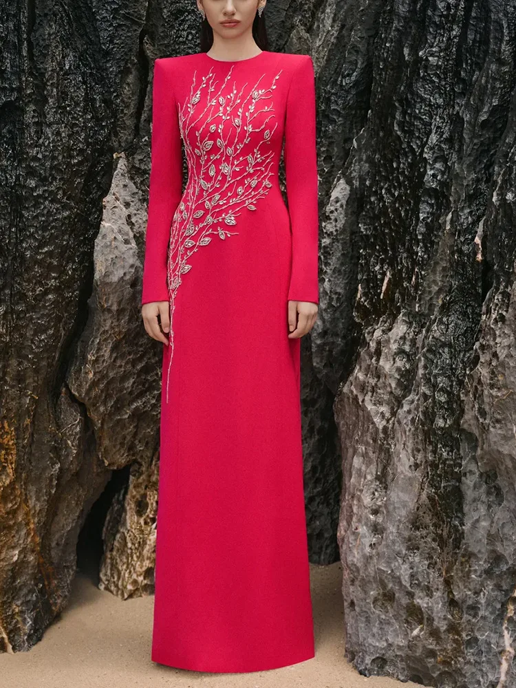 HIGH STREET Newest Fashion 2026 Designer Party Vestido Women's Formal Long Sleeve Diamonds Beading Long Maxi Dress