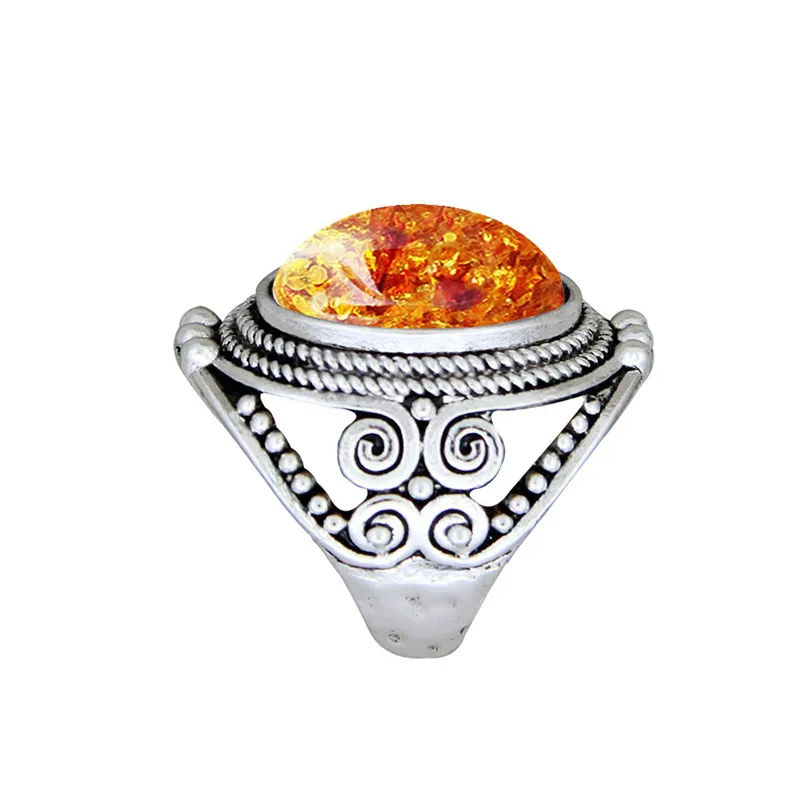 Oval Resin Simulated Ambers Rings For Women Flower Plant Antique Silver Plated Rings Fashion Jewelry TR681