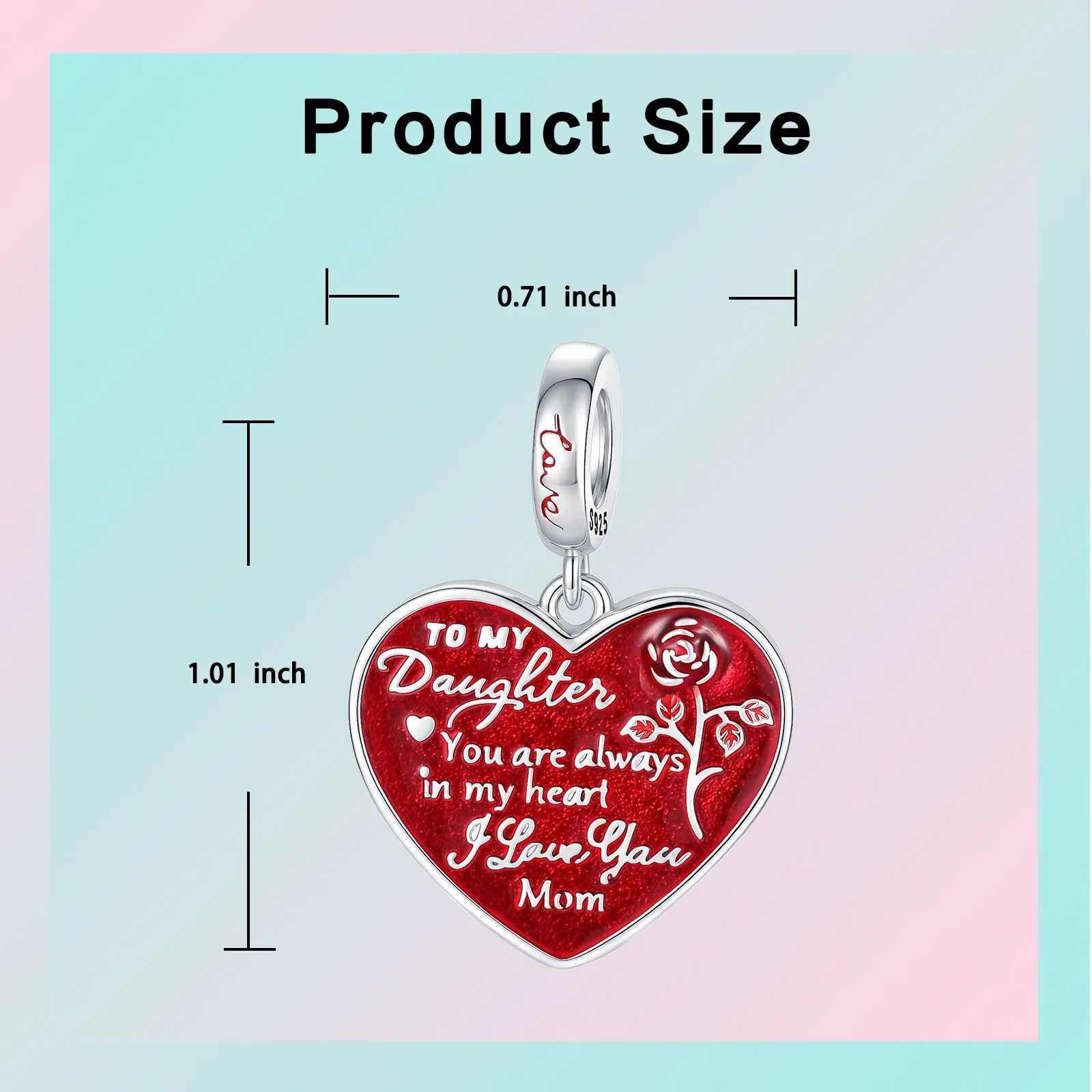 925 Sterling Silver To My Daughter Heart Dangle Charm Red Enamel Rose Engraved Message Bead Fit DIY Women Bracelet Jewelry Gift