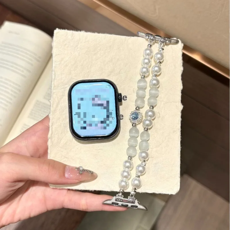 Sweet Girl Cat Eye Stone Pearl Bracelet 20 22mm Beaded Wristband for Samsung Watch 7654FE Smart Watch Elastic Jewelry Strap Gift