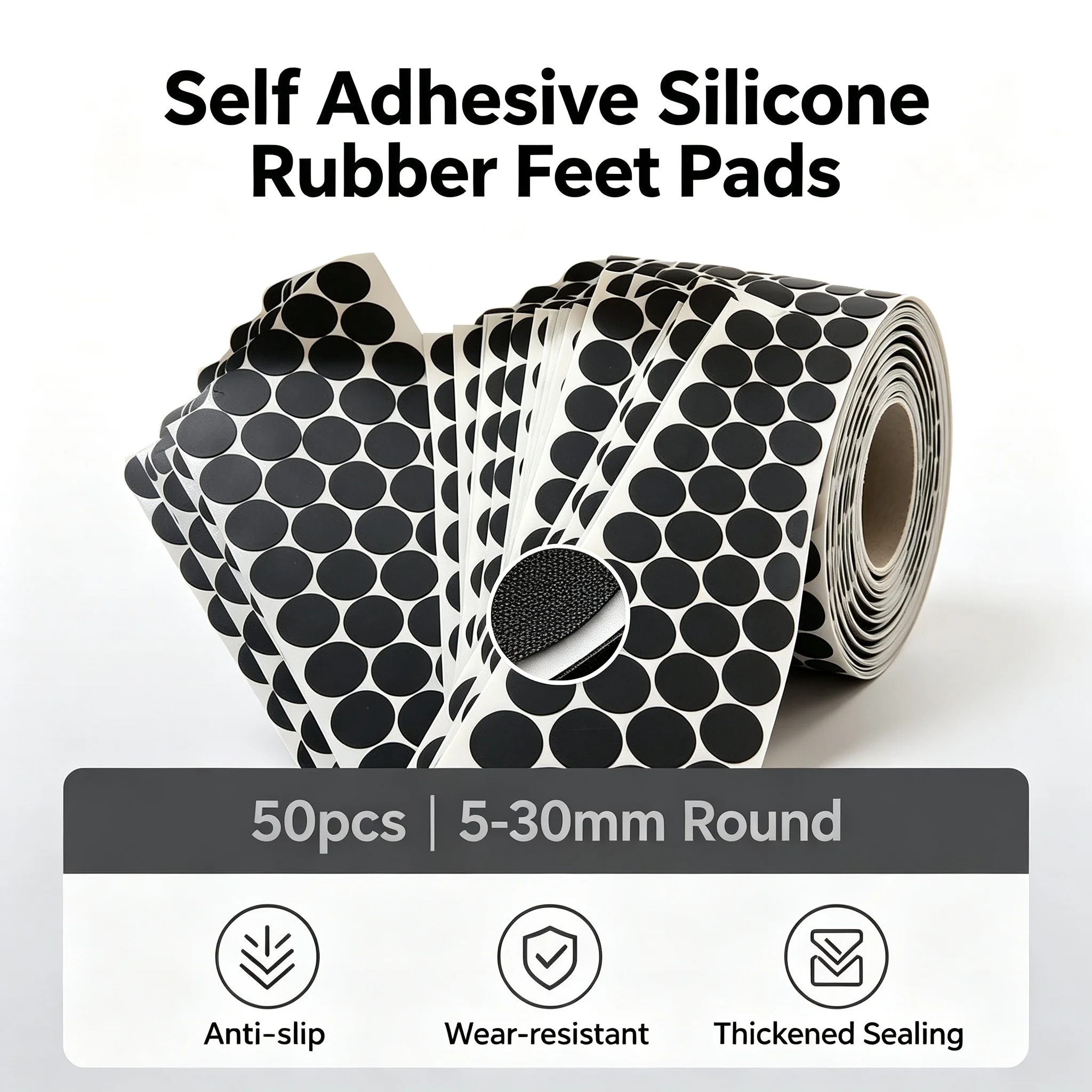 50Pcs Anti‑Slip Black Self‑Adhesive Silicone Rubber Feet Pads 5‑30mm Round Thickened Wear‑Resistant Sealing Buffer Gaskets