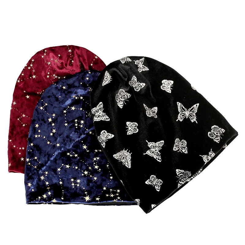 Geebro Women Autumn Winter Velvet Butterfly Skullies Beanies New Fashion Star Stretch Slouchy Hats Ladies Girls Outdoor Cap