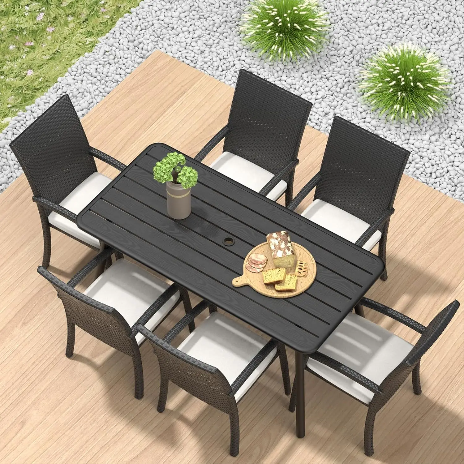 C-Hopetree Rectangle Metal Outdoor Dining Table with Umbrella Hole for Outside Patio, Black