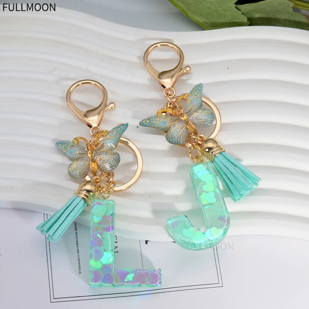 Fashion Green A-Z Initials Keychain Resin Letter Keyring with Butterfly Tassel Pendant for Women Bag Charm Car Key Accessories