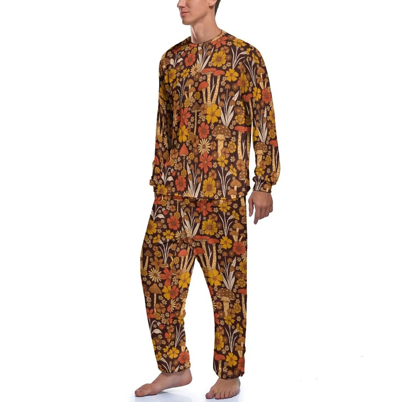 Orange Mushrooms Pajamas Male Retro 1970s Flowers Print Elegant Nightwear Winter Long-Sleeve 2 Piece Night Design Pajama Sets