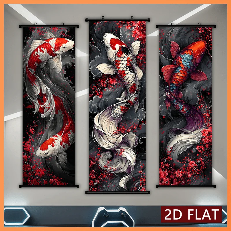 VIKAMA Japanese Koi Fish Cherry Blossom Dark 3 Piece Wall Scroll Tapestry Set Colorful Carp Wall Art Decor for Bedroom