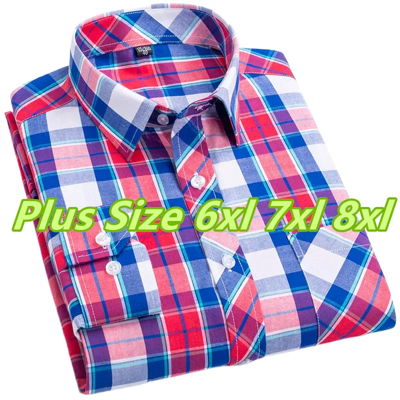 

New Fashion Men's Plaid Shirt Long Sleeve 100% Cotton Luxury Loose Thin Comfort Soft Buttoned Slim Fit Man Top Plus Size 7XL-8XL