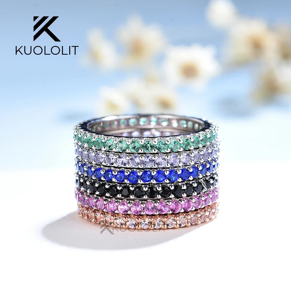 Kuololit Solid 925 Sterling Silver Ring for Women Round Pink Sapphire Emerald Black Wedding Band for Engagement Christmas Gift