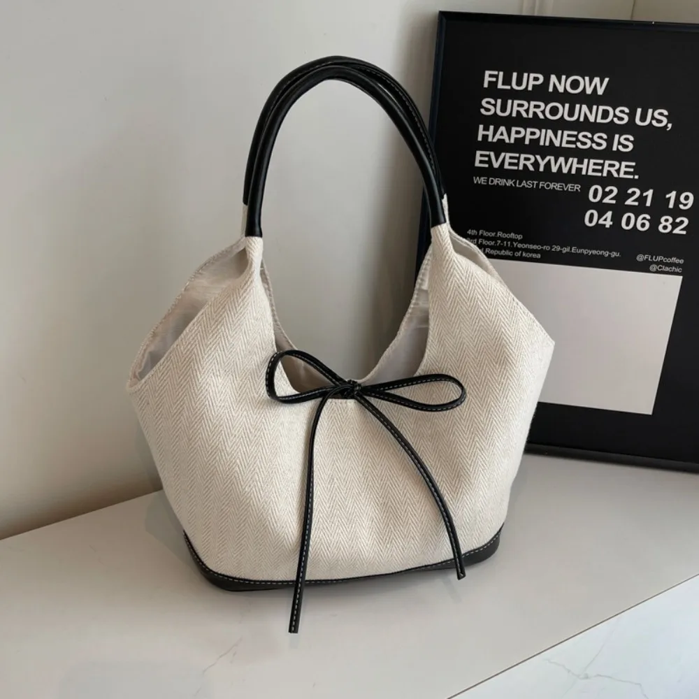 

Simple Korean Style Canvas Tote Bag Underarm Bag Pu Leather Cloth Bow Shoulder Bag All-match Large Capacity Women