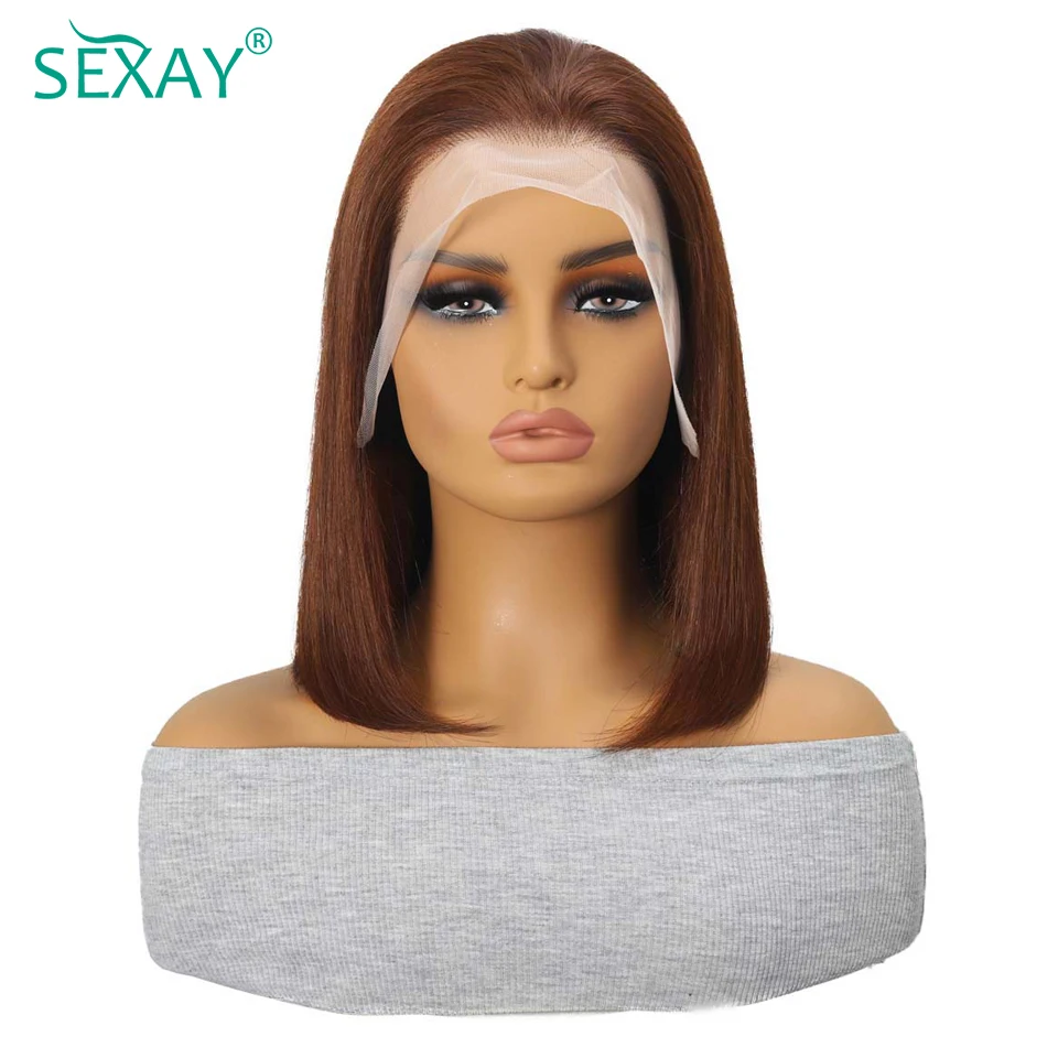 Perruque Bob Lace Front Wig naturelle, cheveux courts, brun foncé, 13x4, pre-colorés, chocolat