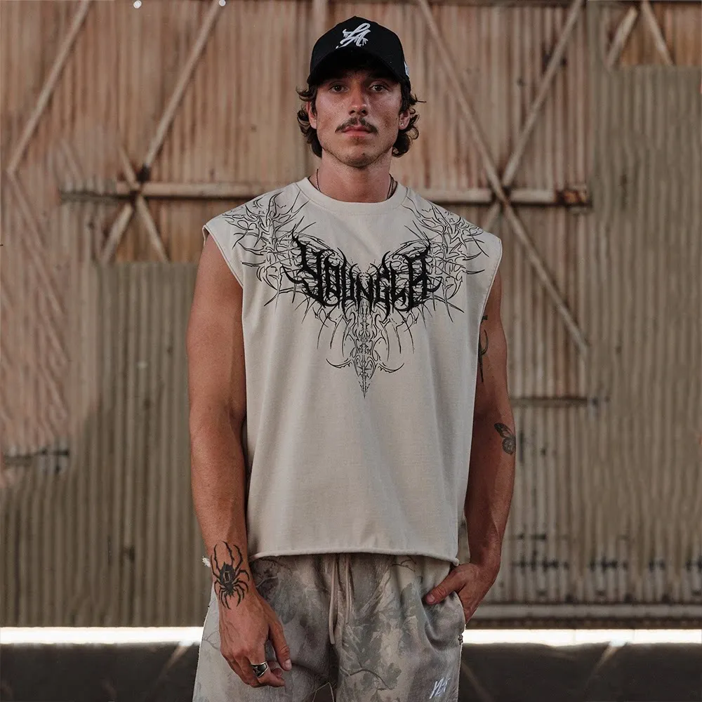 2026 New Men American Style Loose Cotton Tank Top Trendy Letter Print Sleeveless T Shirt Fitness Basketball Undershirt Daily