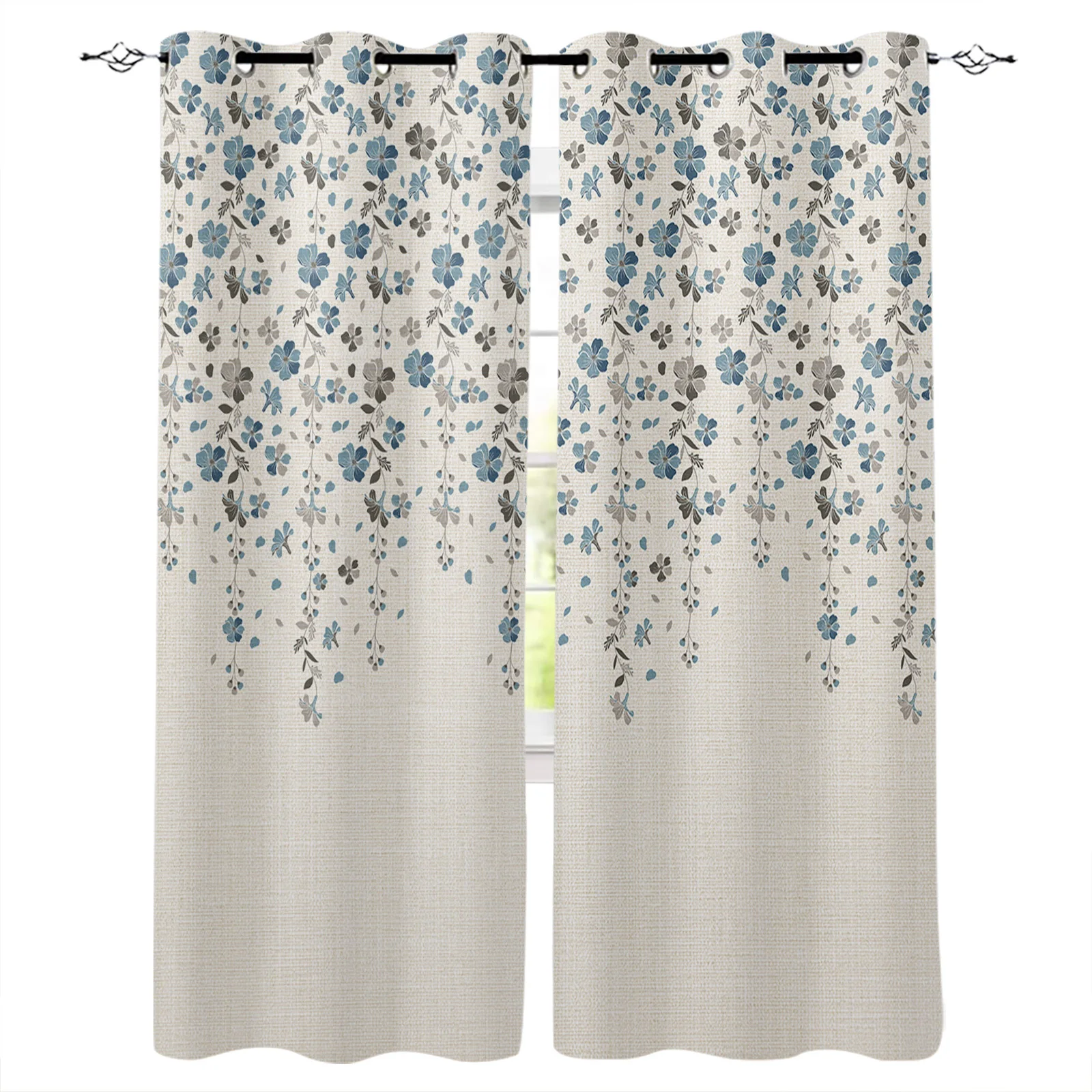 Blue Grey Flower Cotton Linen Modern Living Room Kitchen Window Curtains Home Bedroom Kids Room Decorative Curtains