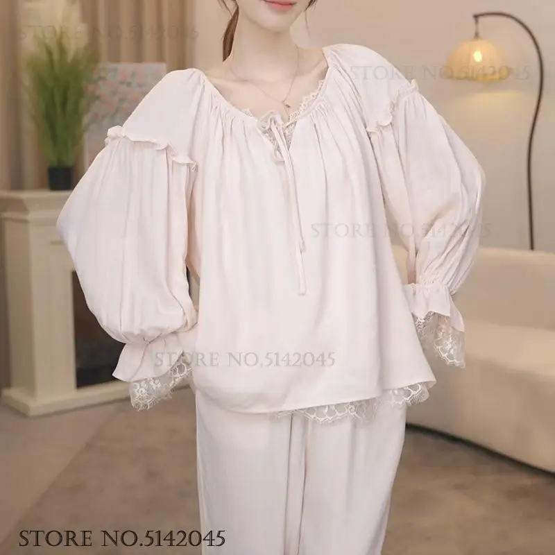 

Cotton Women Pajamas Two-Piece Set Sleepwear French Sweet Palace Princess Style Nightwear Pijama Suit Loose Homewear Loungewear