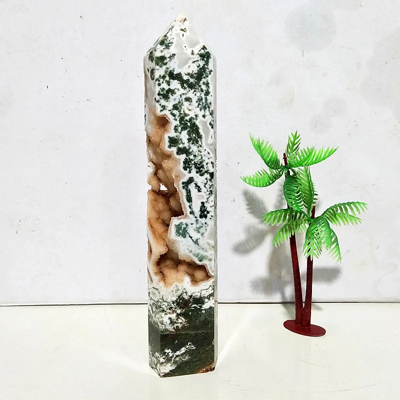 Natural Moss Agate Crystal Tower Stone Geode Druzy Wand Point Home Decoration Reiki Wicca Chakra Spiritual Healing Crystals