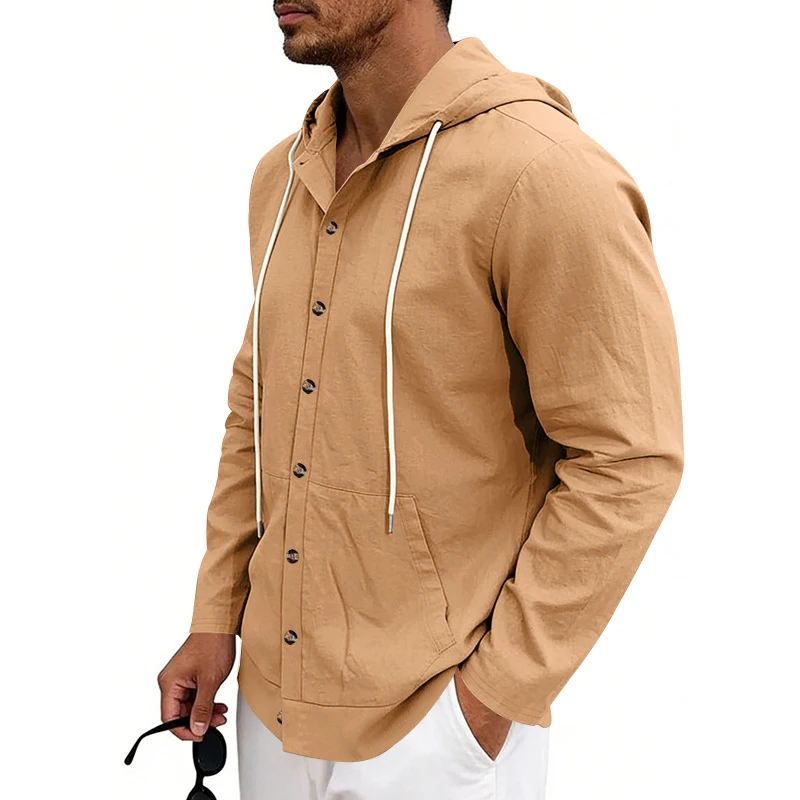 Daily Leisure Loose Linen Shirt Tops Mens Vintage Solid Color Buttoned Drawstring Hooded Shirts Men Casual Long Sleeve Cardigans