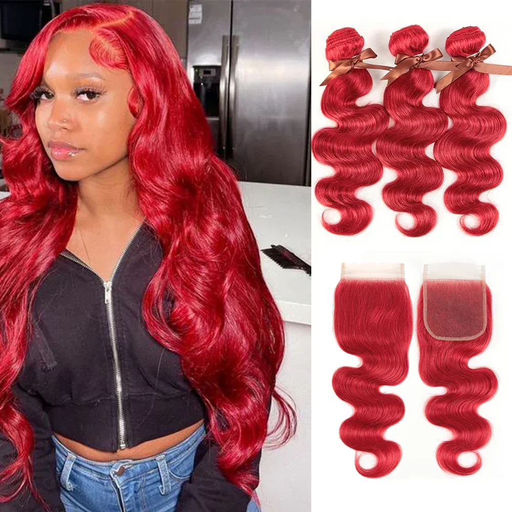 

Red Color Brazilian Body Wave Bundles With Closure Remy Hair Weave Bunldes Hair Extension For Black Women 3 Bundles Human Hair