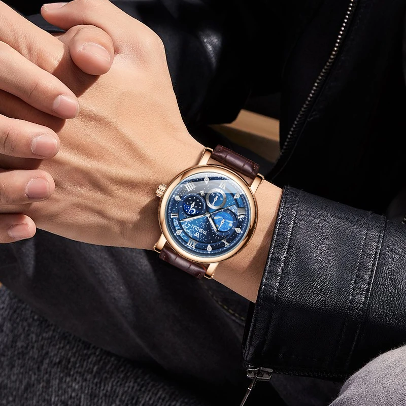

Men Watch Luxury Leather Watch Waterproof Sport Quartz Wristwatch Starry Sky Luminous Dial Watch for Men Relogio Masculino
