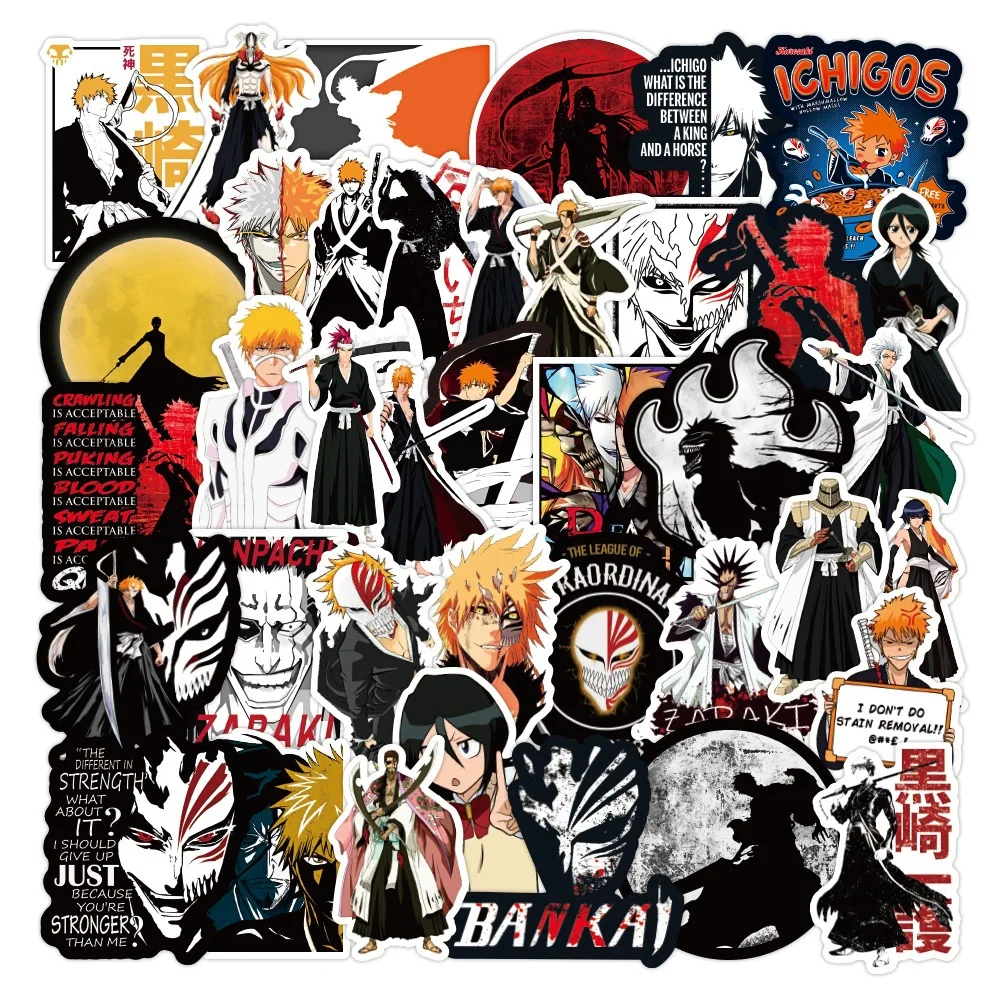 50 Uds Kurosaki Ichigo Bleach pegatinas de dibujos animados niñas Rukia Inoue pegatina coche portátil monopatín teléfono Kenpachi Anime calcomanía