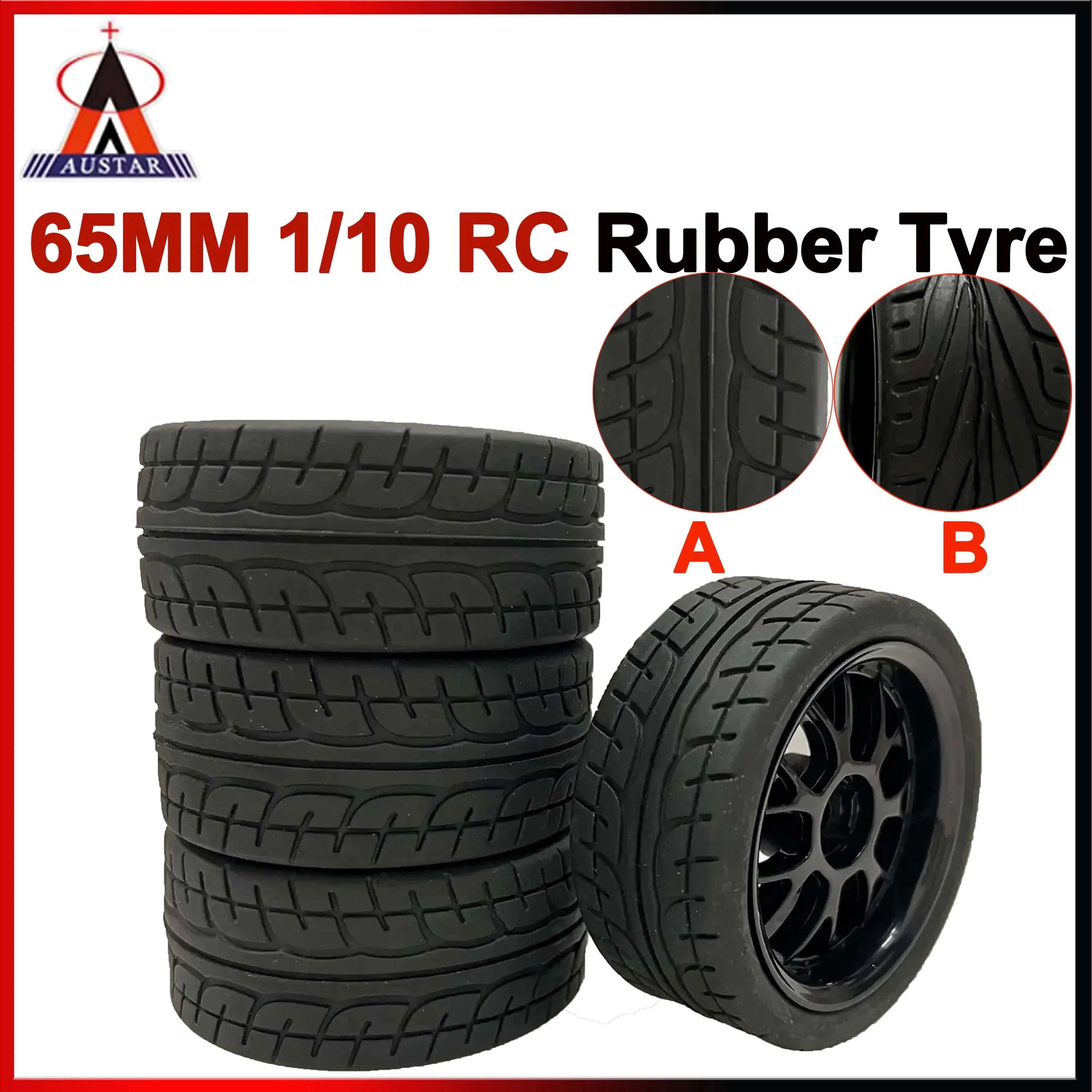 

4PCS AUSTAR 65mm 1/10 RC On-road Rubber Tire 12mm Hex Wheel Rim Tyre Skidproof Wear-resistant for RC Racing Car Drift DIY Parts