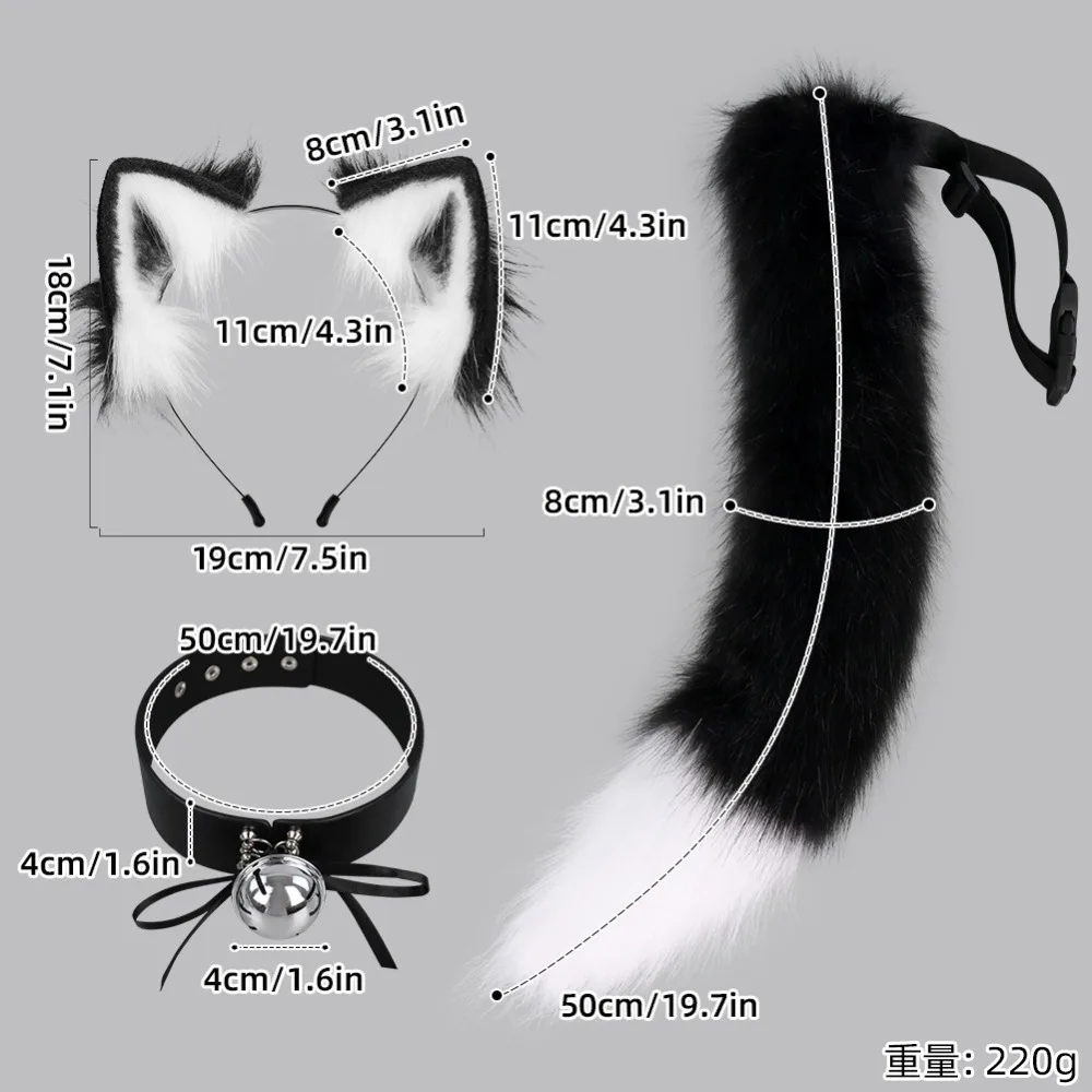 3Pcs/set Furry Anime Dog Ear Headband Plush Animal Tail Cartoon Comic-Con Cosplay Costume Accessories Leather Choker with Bell
