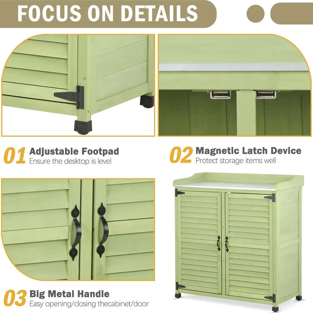 Outdoor Potting Bench with Metal Work Top,Waterproo Garden Storage Cabinet,Wooden Tool Station Shed or Backyard,Patio,Lawn Garde - view 5
