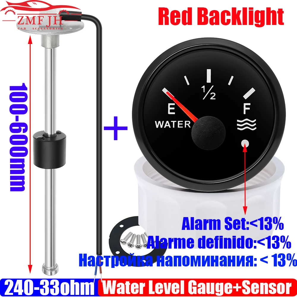 240-33 OHM Water Level Sensor 100~550mm Custom 52mm Water Level Gauge with Alarm Red Light for Car Boat Yacht Waterproof 12V24V