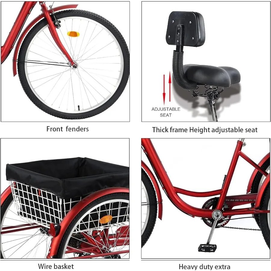 24 26 دراجة ثلاثية العجلات للكبار 7 سرعات 3 عجلات دراجات جبلية ثلاثية العجلات مع سلة مسند الظهر مقعد لكبار السن والنساء والرجال متعددة #6