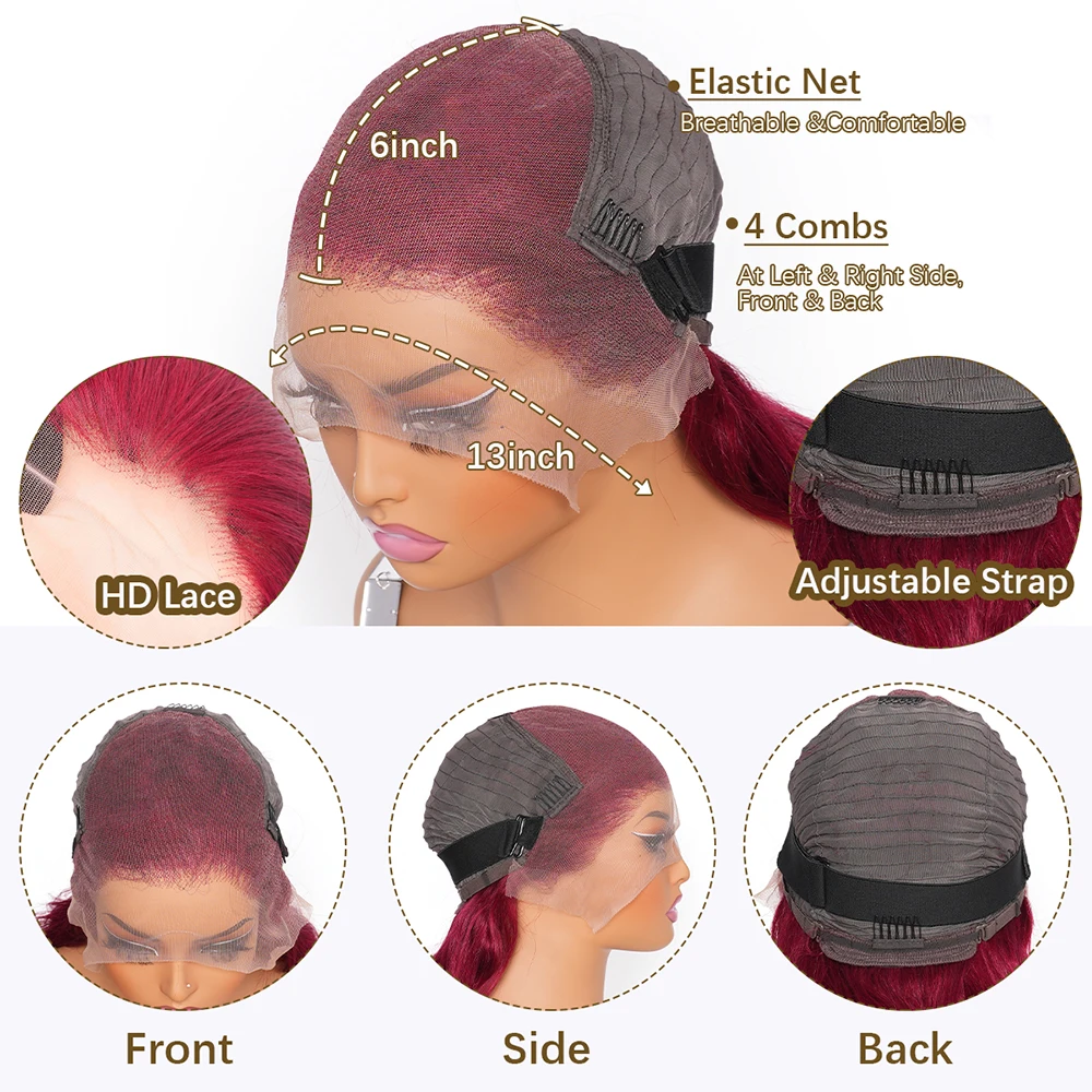 38 بوصة 99J بورجوندي الدانتيل الجبهة الباروكات 13x6 الجسم موجة الدانتيل الجبهة الباروكات شعر الإنسان قبل قطعها النبيذ الأحمر غلويليس الباروكات الأمامية