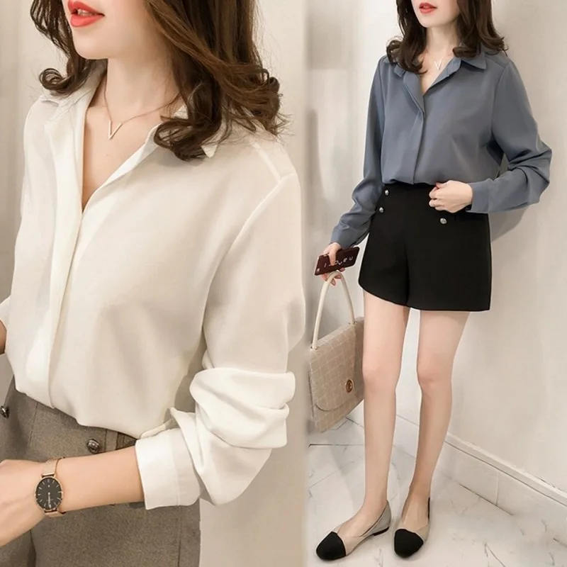 New Women Shirts Summer lady Elegant Shirt Chiffon Blouse Solid Long sleeve office Ladies Fashion Shirts Tops Femme