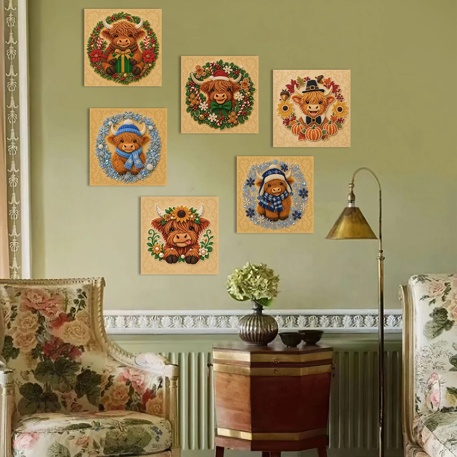 Framed Pearl Painting Kit Cute Highland Cow DIY Self-Adhesive Bead Canvas Wall Art 7.87x7.87in - view 2