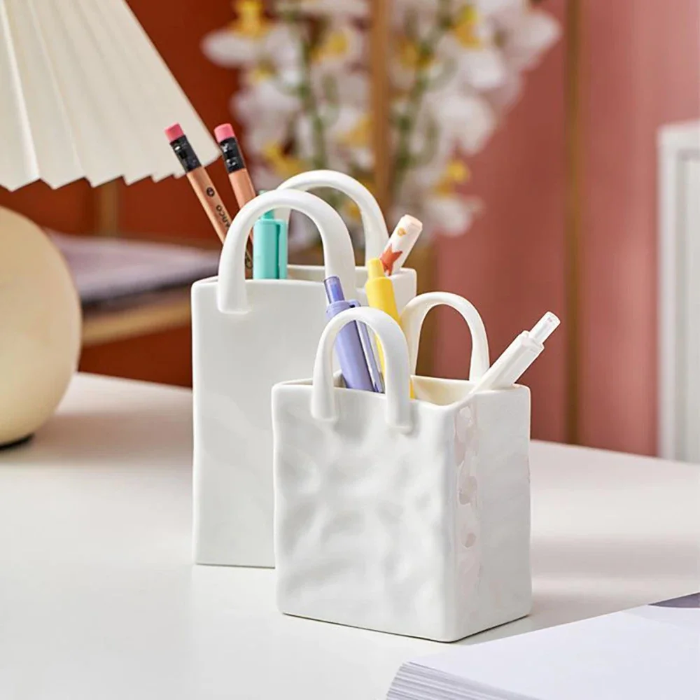 Nordic Style Handbag Shaped Ceramic Vase for Flowers Modern Decorative White Vase Dried Flower Arrangement Home Decoration