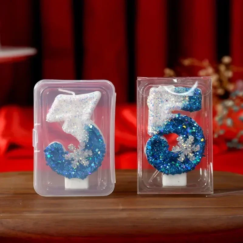 Snowflake Cake Candle Frozen Birthday Candles 0-9 Number Glitter Blue Kids Princess Girls Birthday Party Cake Topper Decoration