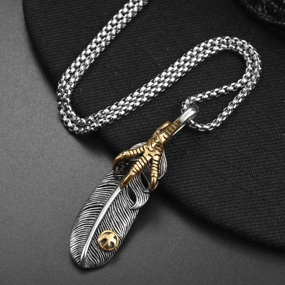High Bridge Feather Eagle Claw Pendant Necklace for Men Punk Hip-hop Stainless Steel Necklace Jewelry Charm Gift Dropshipping