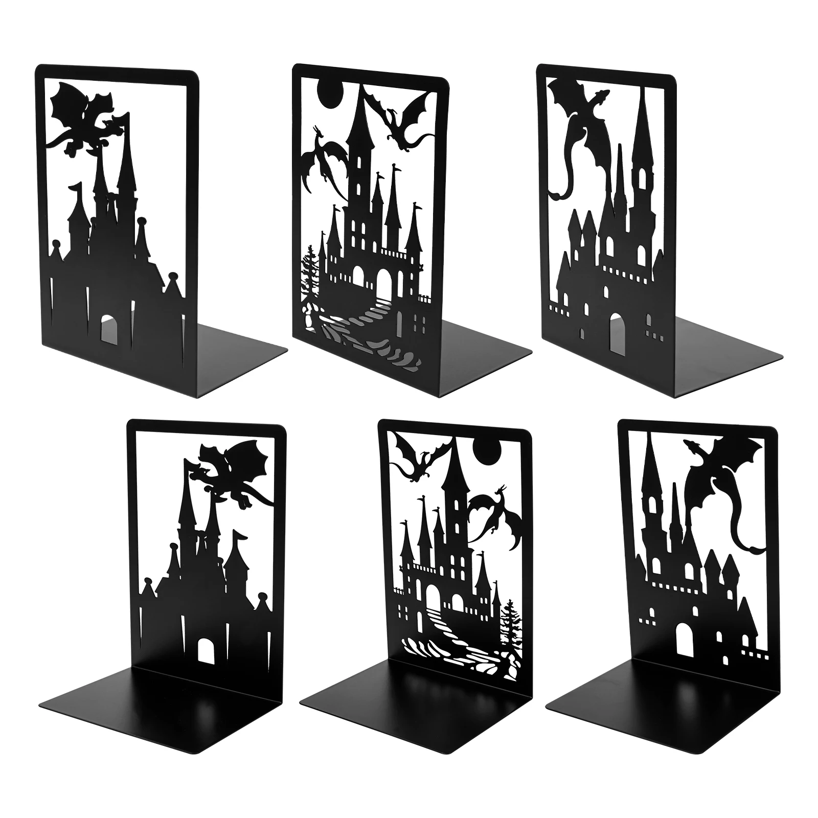 6Pcs Metal Bookends Hollow Dragon Castle/Flower Design Book Ends Non Skid Book Holder Book Organizer Desktop Decor Book Stopper