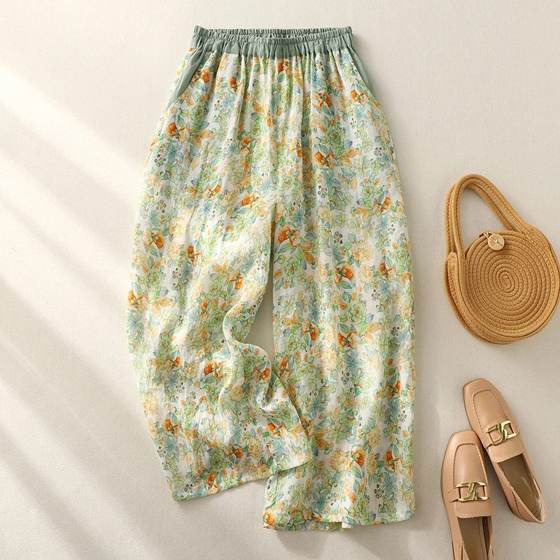 Pantalon large ample d'été pour femme, taille haute, imprimé ethnique, modèle fin, style décontracté, neuf points